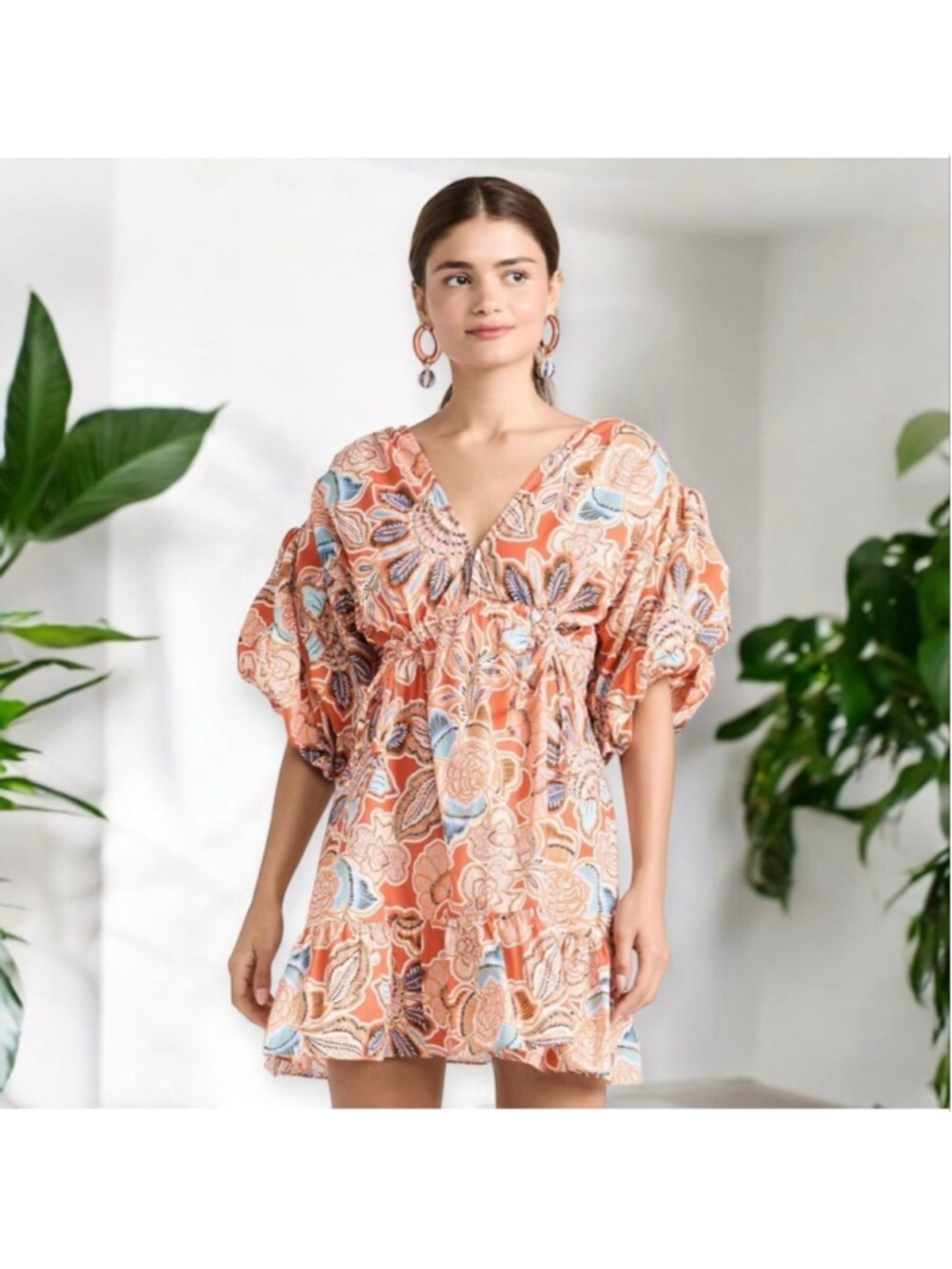 MISA Los Angeles Sari Floral Poplin Balloon Sleeve Mini Dress Size XL